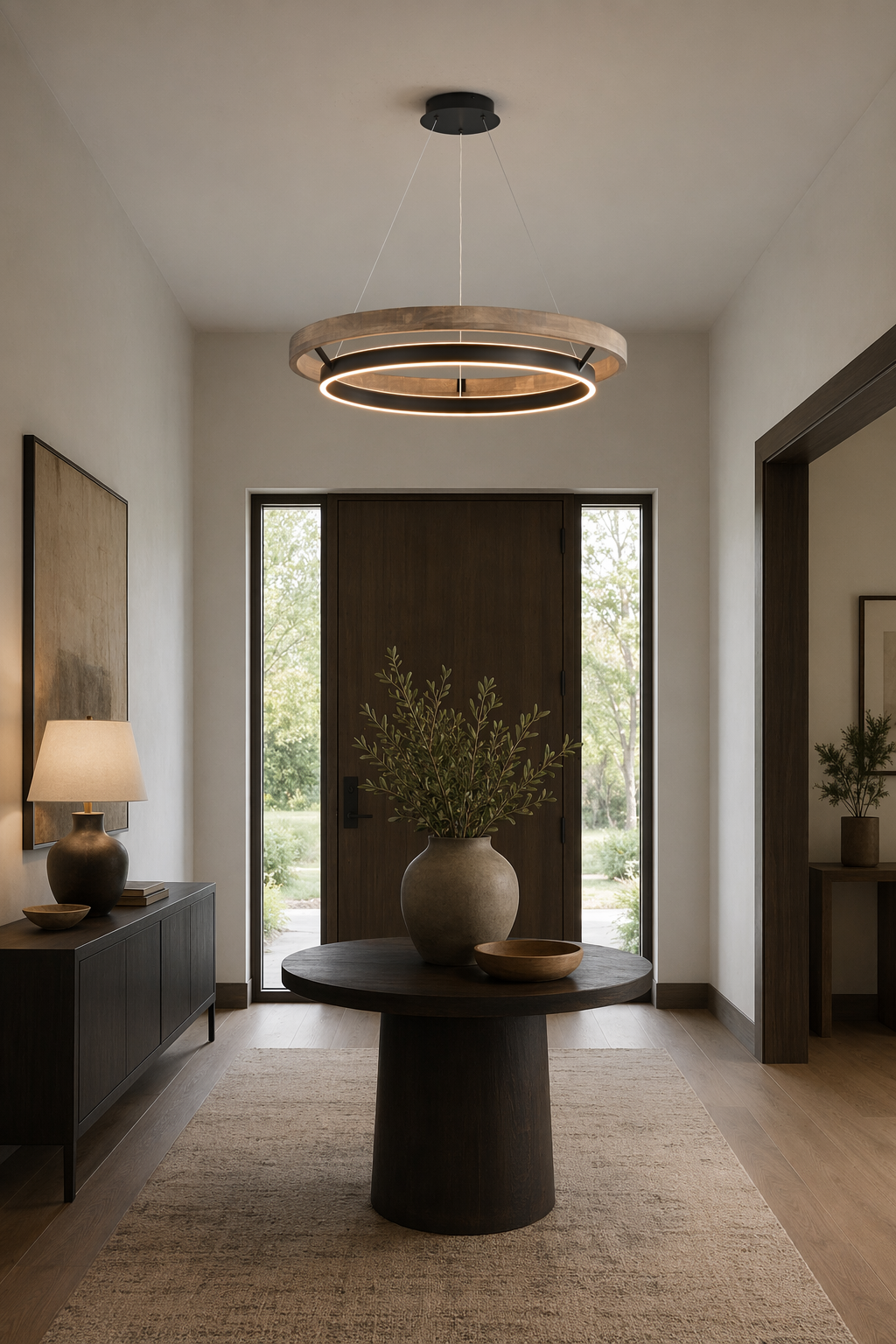 Modern Wood Ring LED Pendant Chandelier - generated main 05 05-entryway-wide