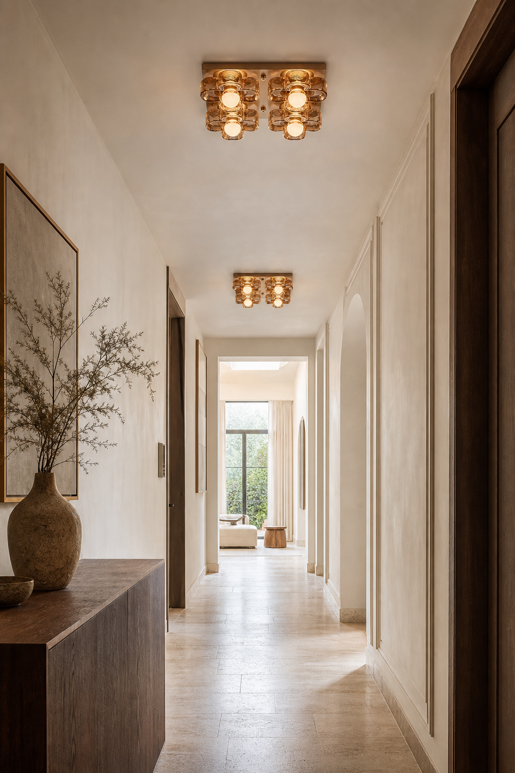 4-Light Amber Glass Flush Mount Ceiling Light installed in an entry or hallway
