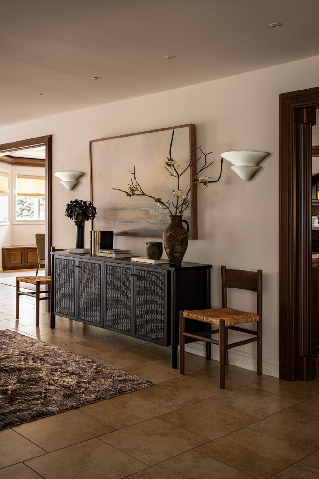 Sculptural Double-Tier Plaster Wall Sconce — complete real wall sconce above a foyer console