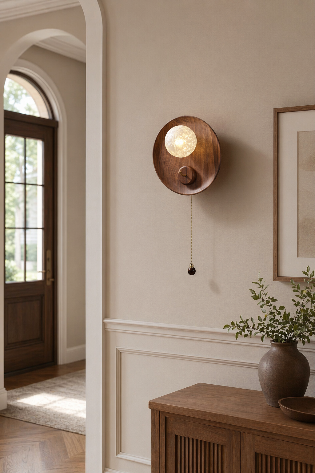 Modern Wood Disc Wall Sconce - generated workflow 05 05-foyer-wall-wide-daylight