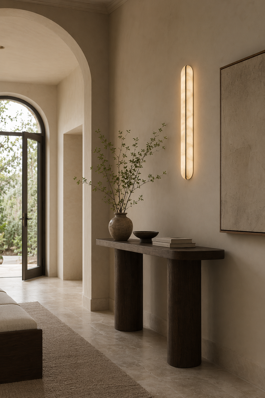 Slim alabaster capsule wall sconce in a daylight foyer