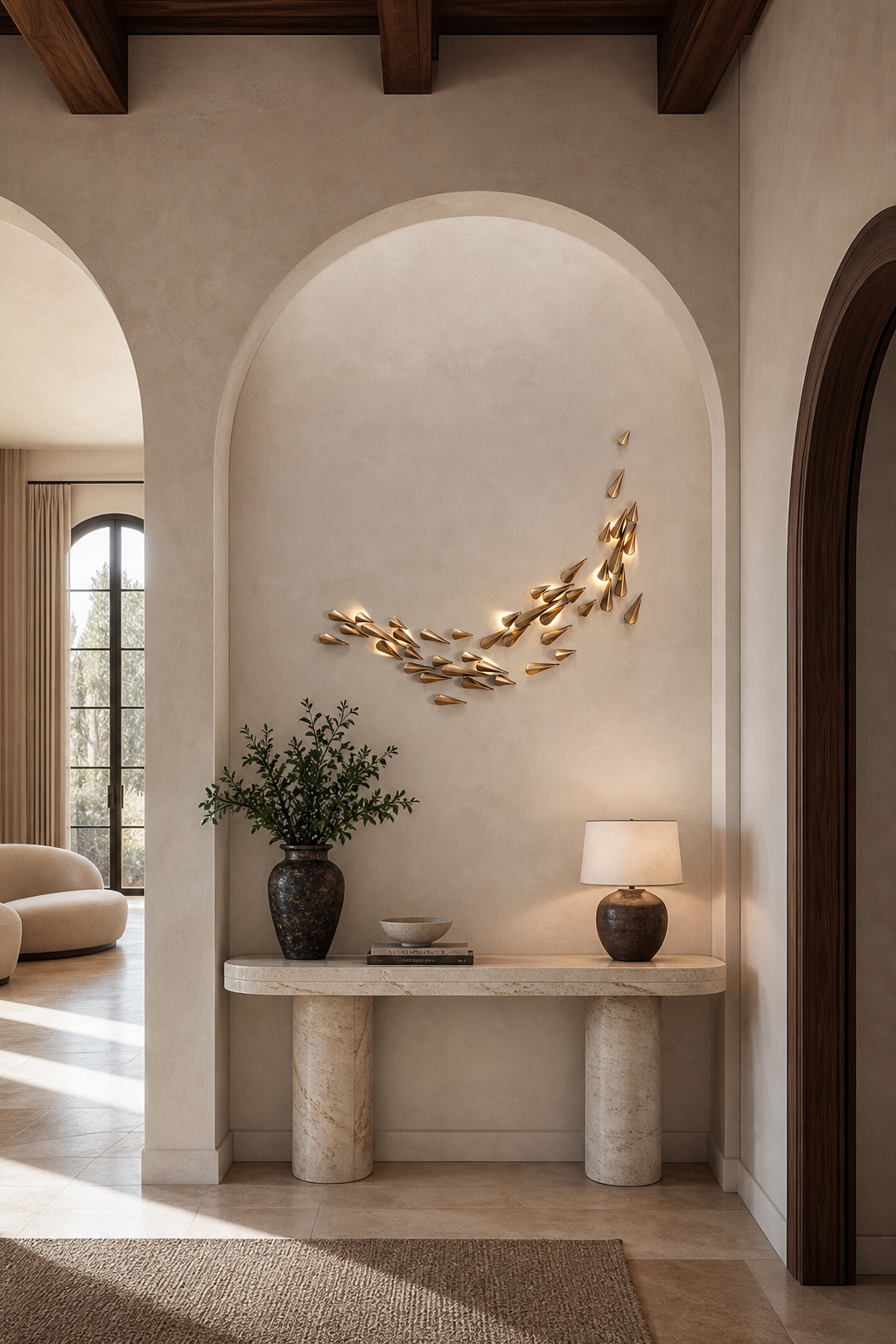 Brass Leaf LED Wall Art Sconce installed on a designer interior wall, view 5