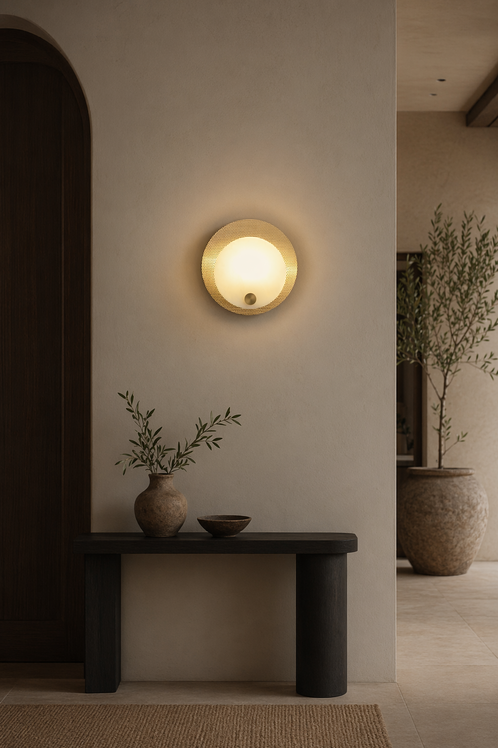Modern Perforated Copper Alabaster Round Wall Sconce - 05 05-foyer-wall-wide