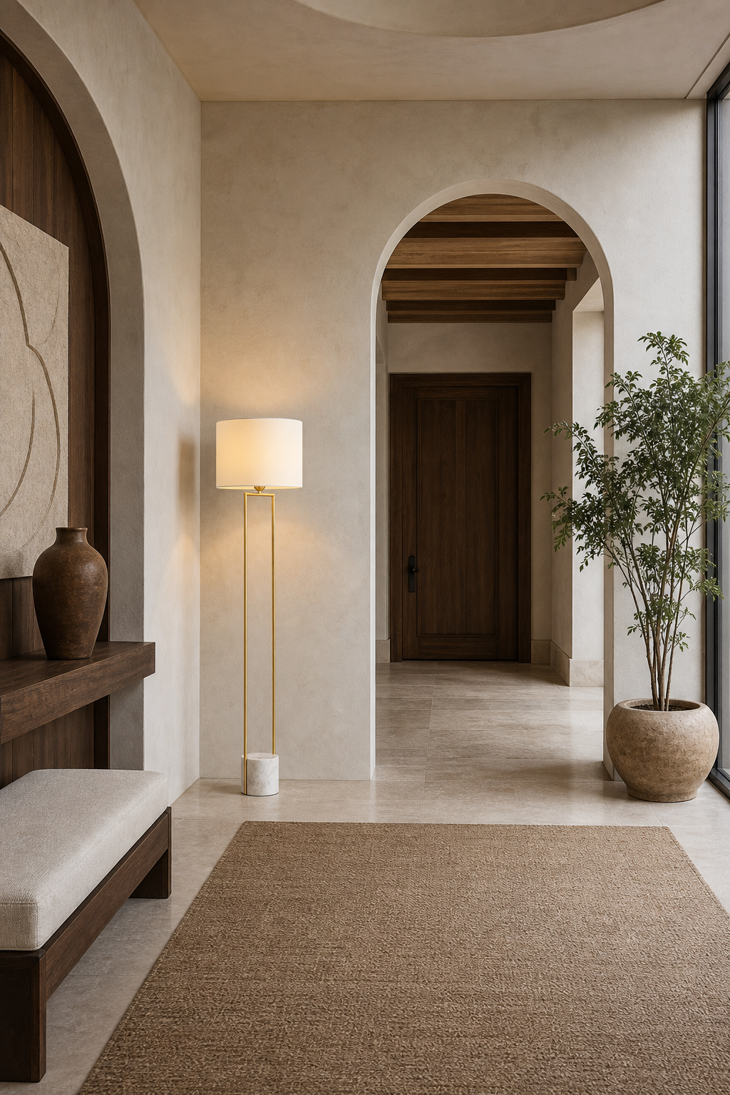 Double-Rod Marble Base Floor Lamp in natural brass styled in a designer interior, view 5