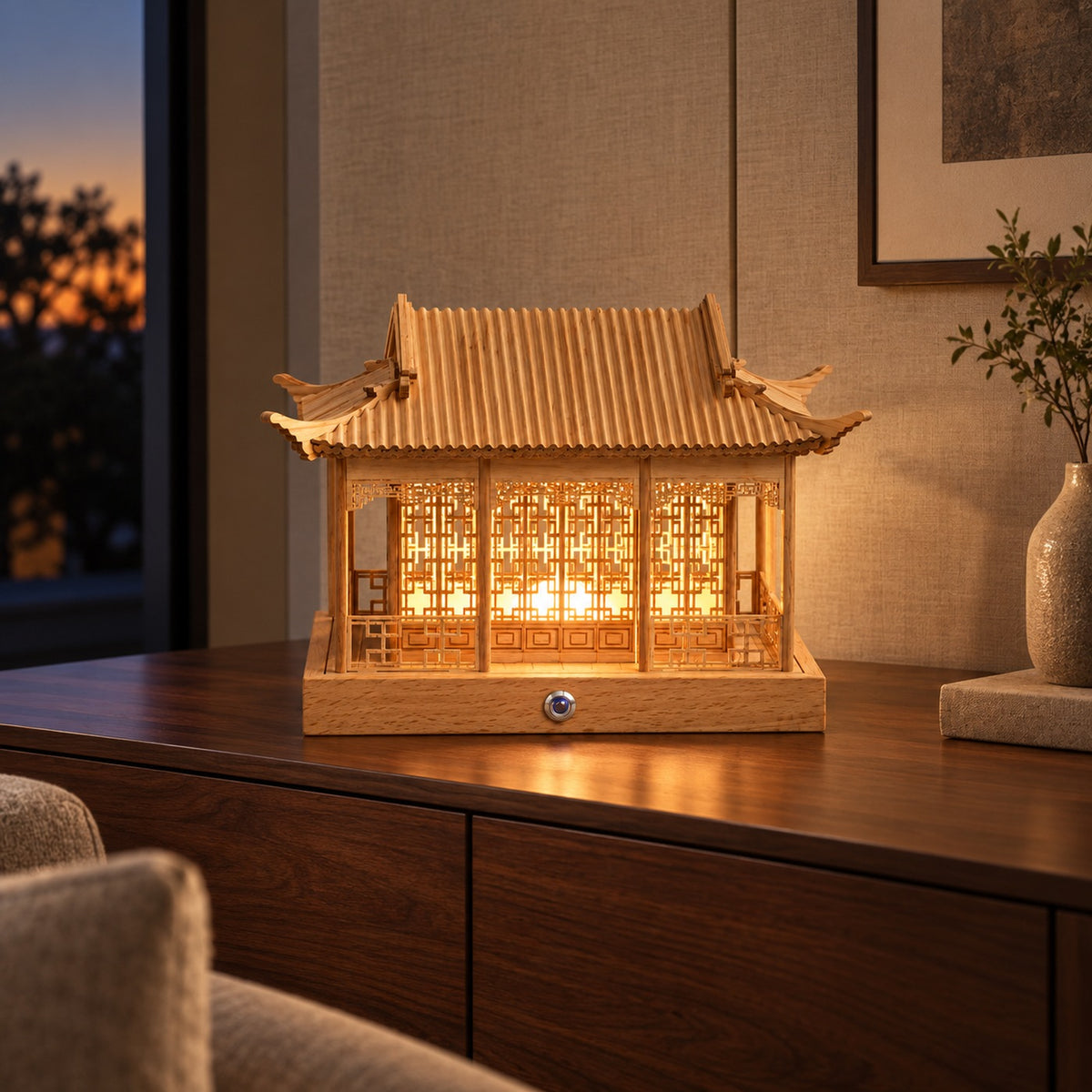 Natural pine rain pavilion lamp glowing in a reading room