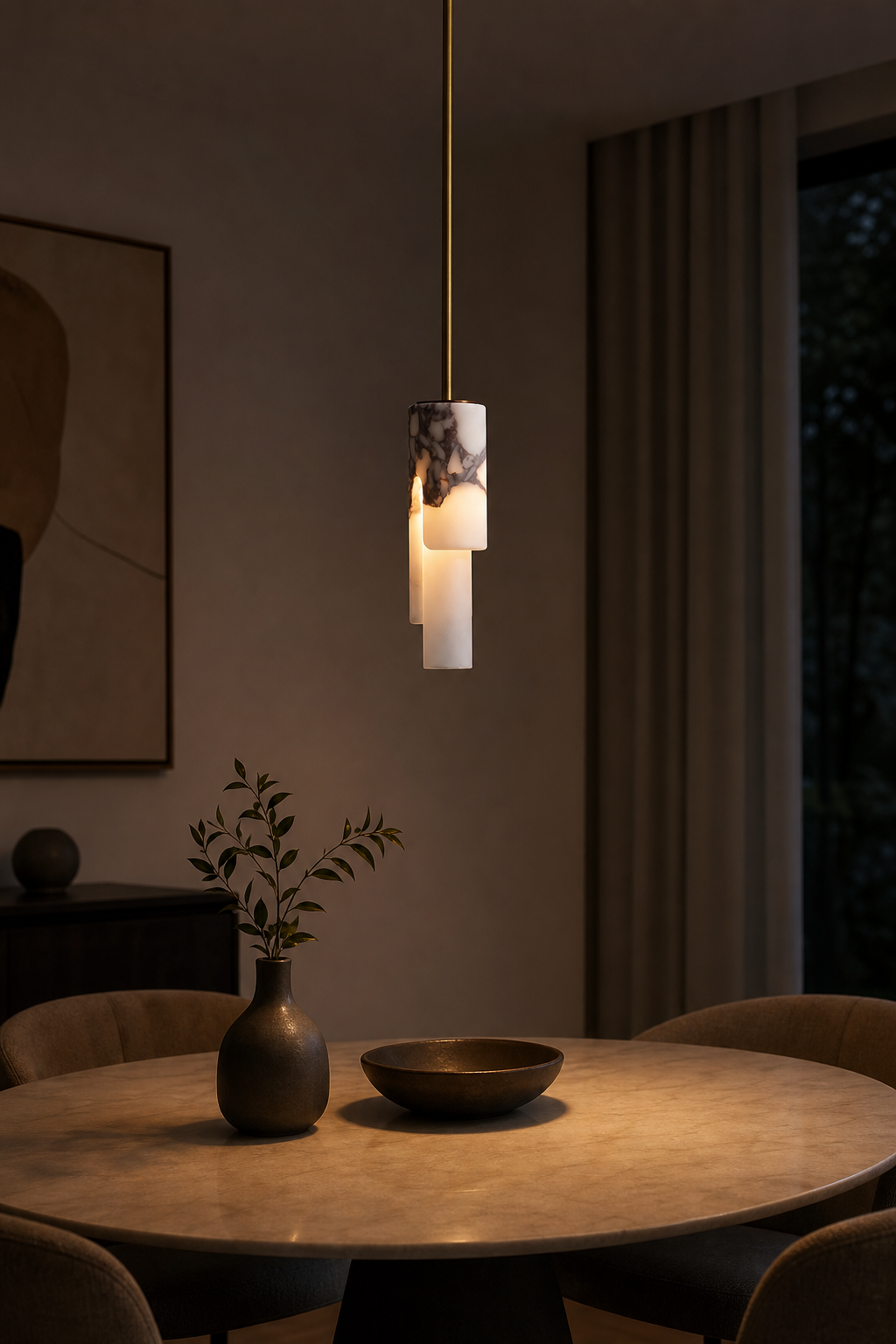 Modern Slim Stone Cylinder Pendant Light - 05 05-generated-night-mood-scene
