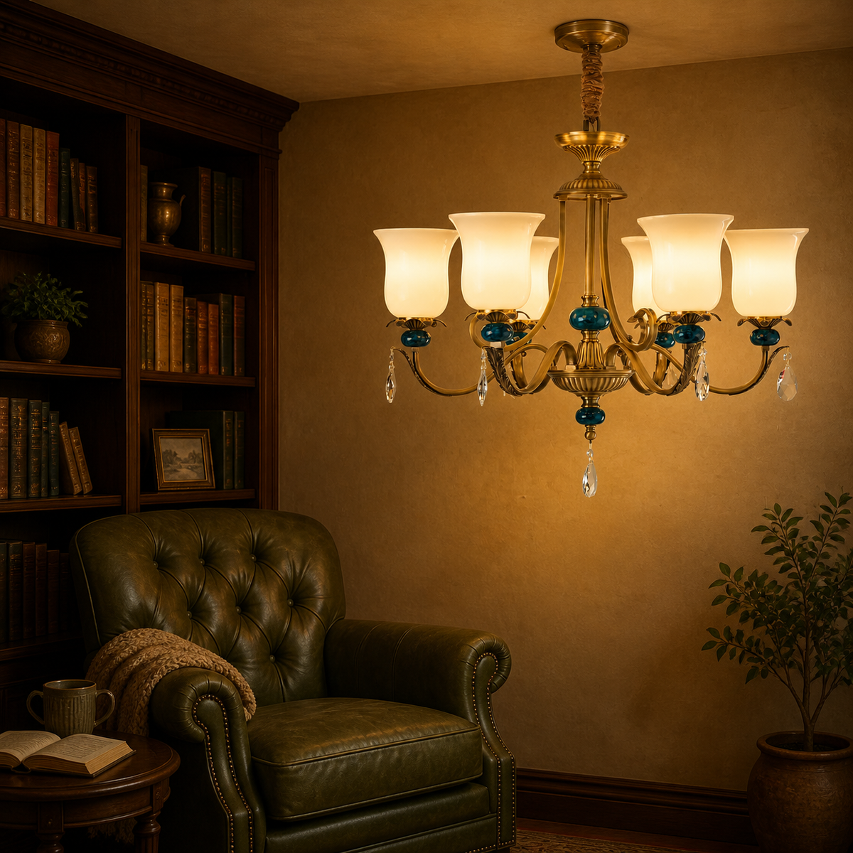 Marcelline chandelier in a non-centered evening reading room composition