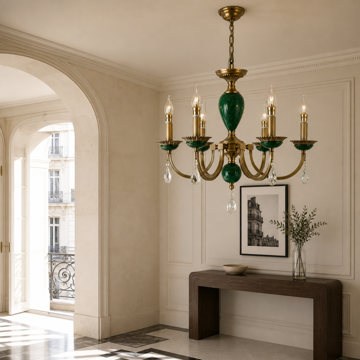 Valeria six-light chandelier in a right-weighted Paris entry