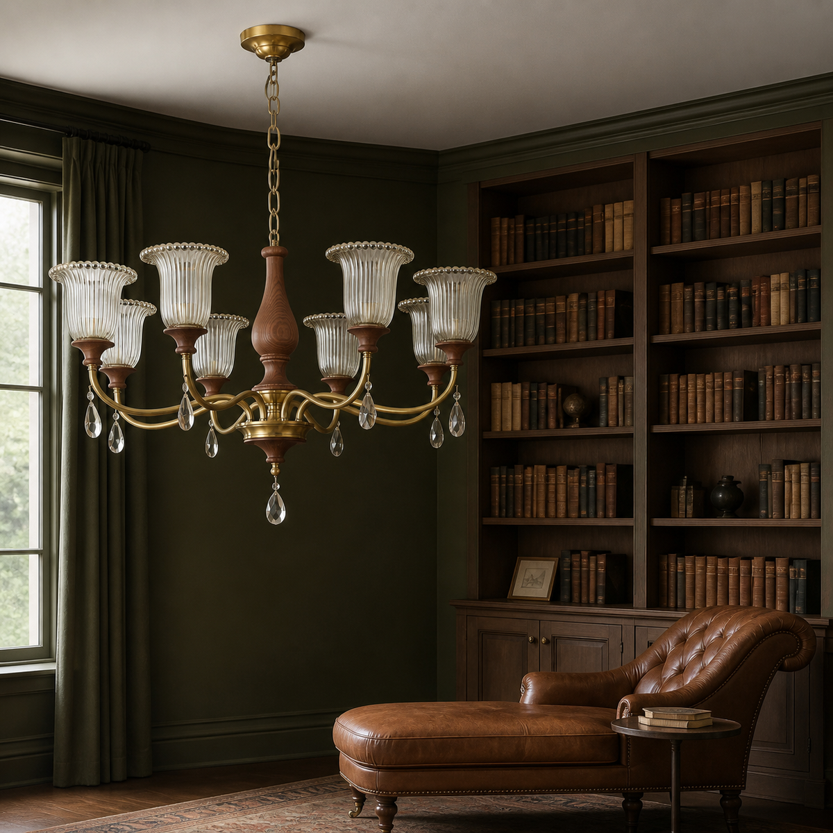 Rosalind ten-light chandelier in a left-weighted deep olive library