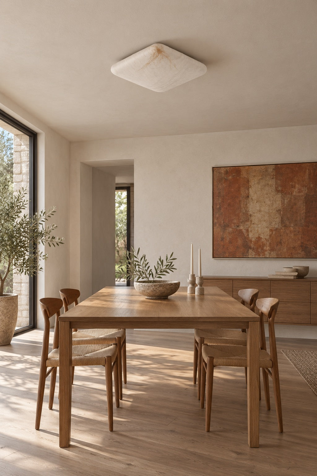 Silk and hemp 19.7 inch square flush ceiling light above a 55 inch dining table switched off