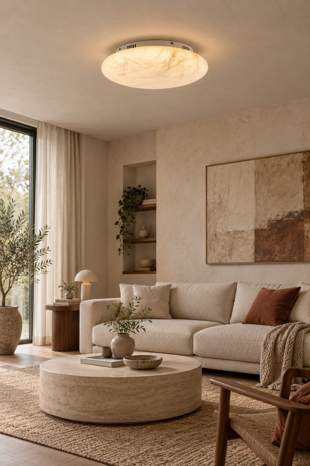 Round silk and hemp ceiling light illuminated in a living room