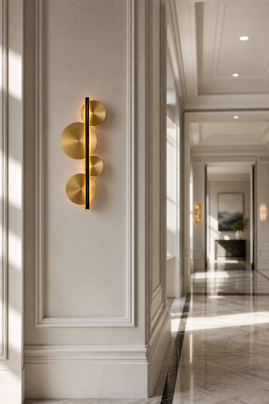 Brass Disc LED Wall Sconce installed in a hallway, view 5