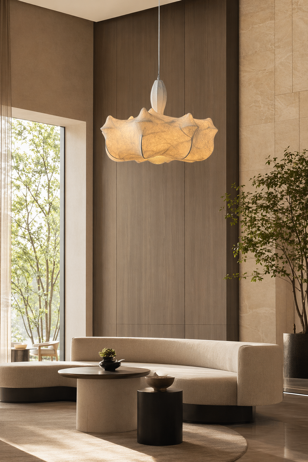 Modern Wavy Silk Chandelier - generated workflow 05 05-hotel-lounge-daylight