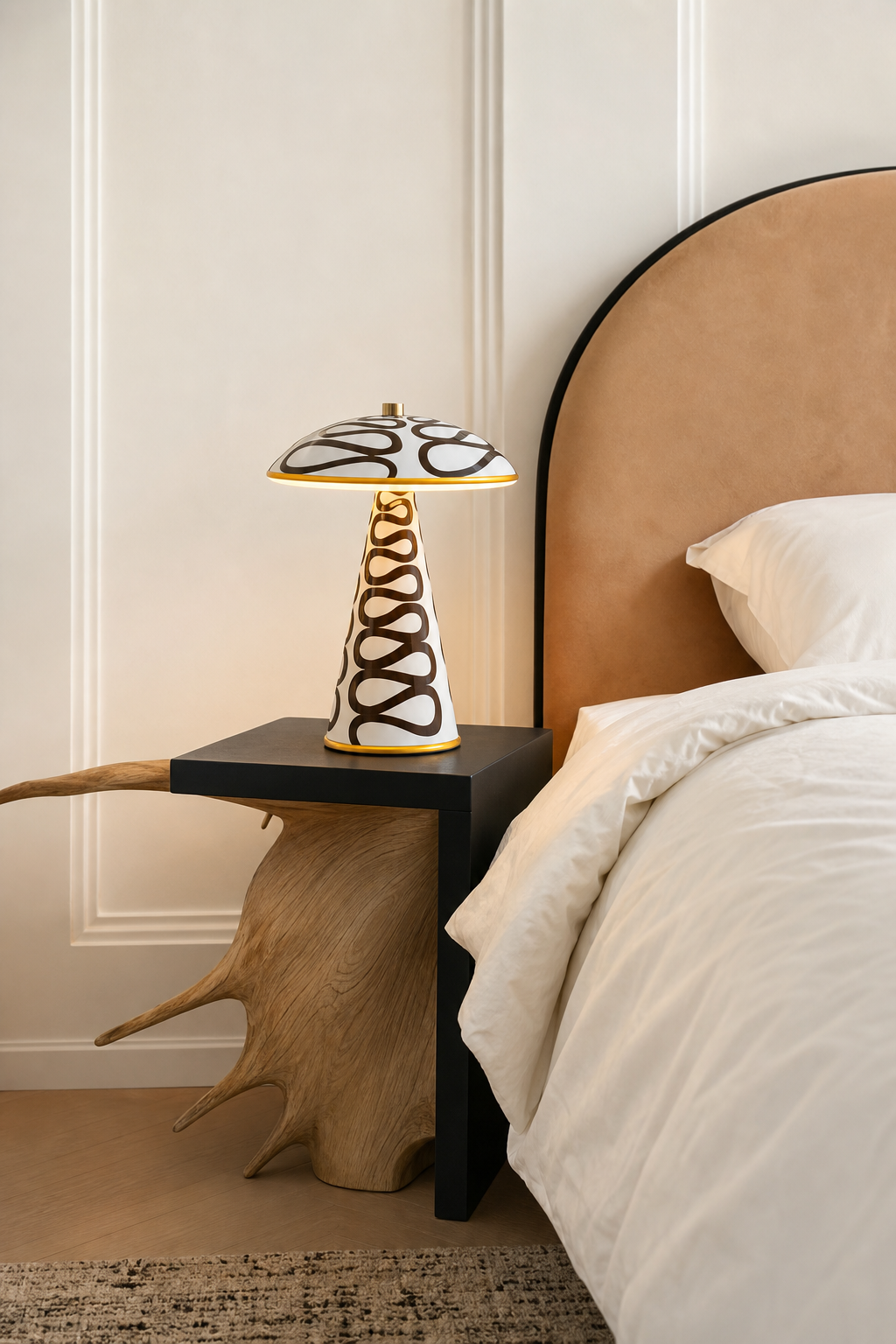 Modern Painted Mushroom Table Lamp - generated workflow 05 05-hotel-room-daylight