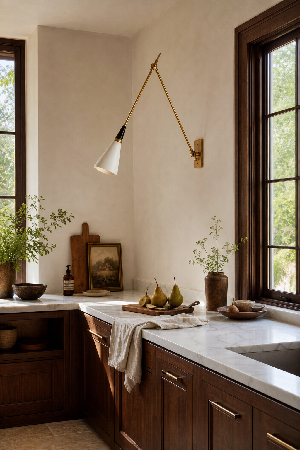 Adjustable Brass Wall Sconce — Long Arm sconce in a daylight kitchen
