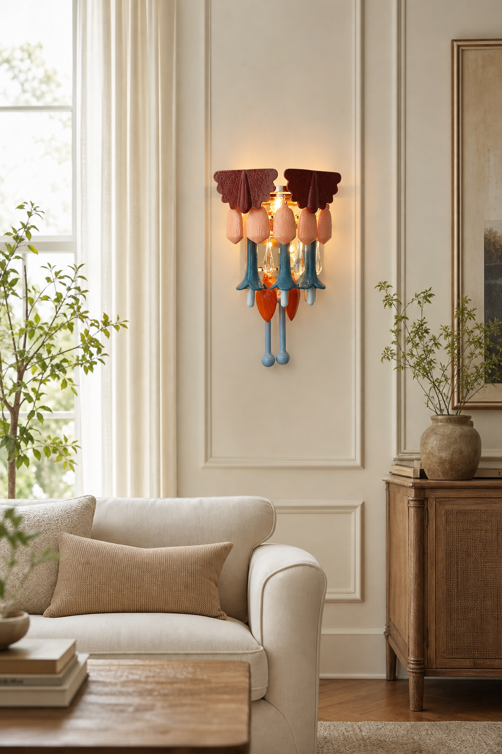 Colorful Ceramic Floral Wall Sconce - 05 05-living-room-feature-wall-daylight