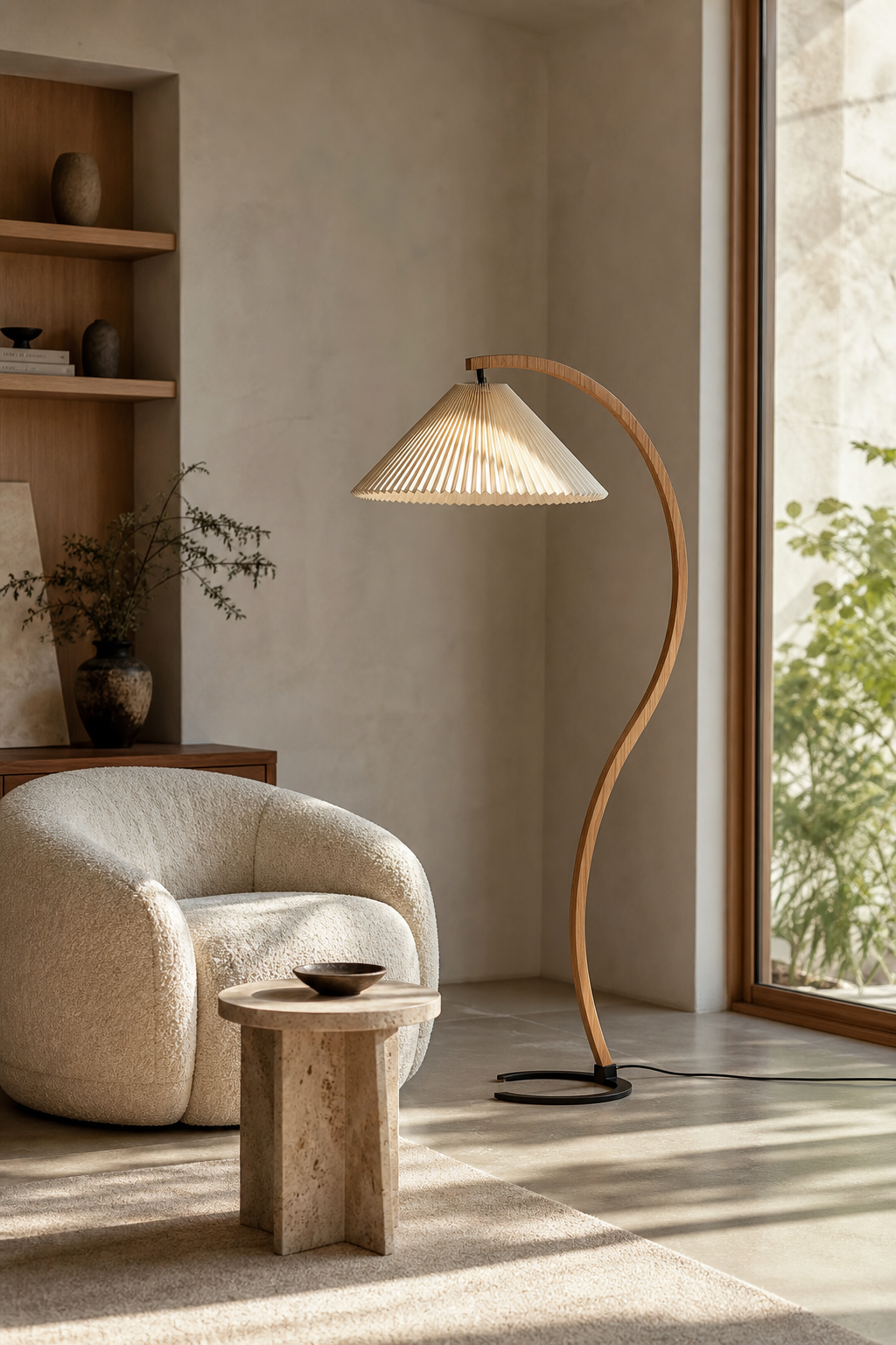 Sculptural Wood Floor Lamp — floor lamp beside a lounge chair