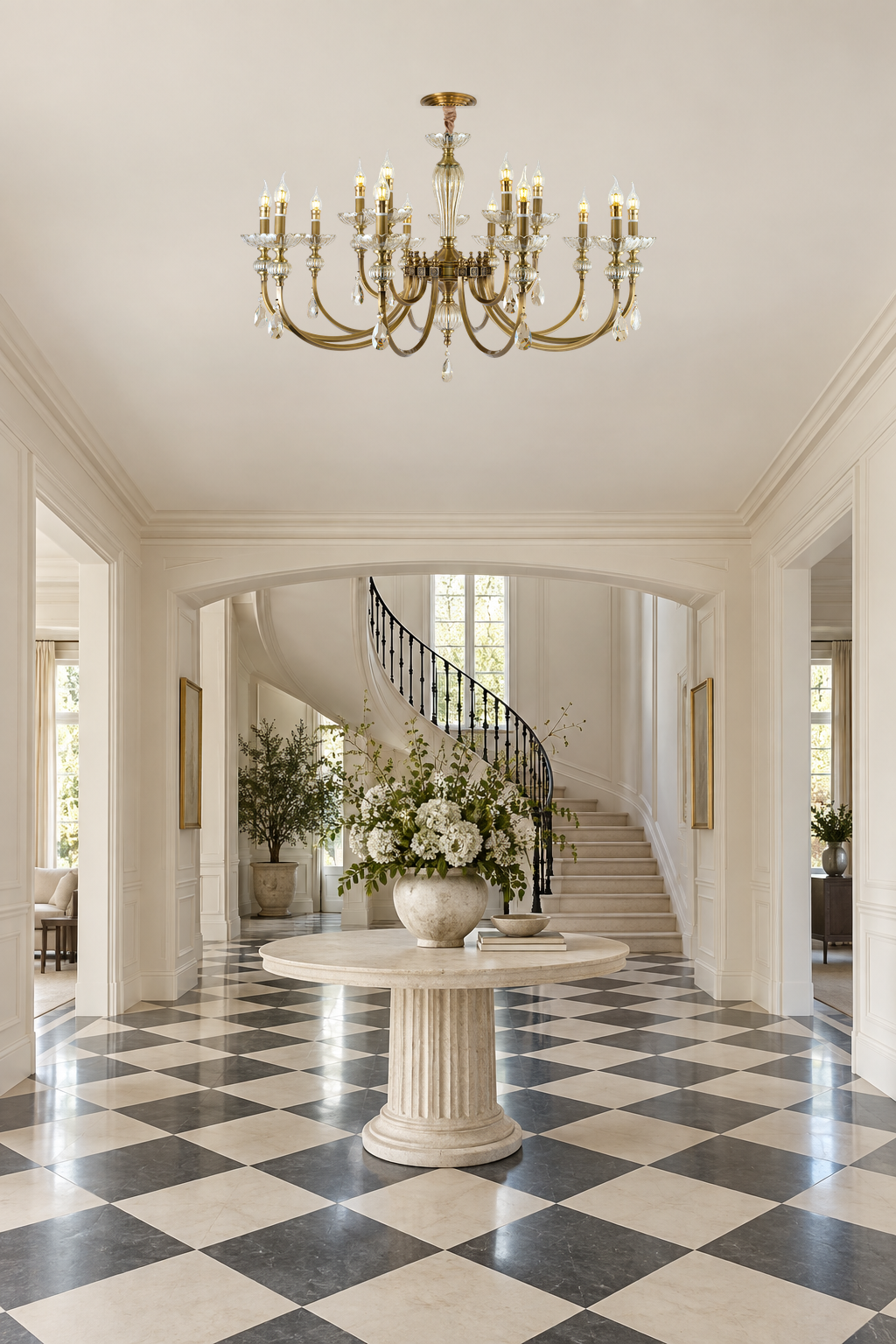 Lucerayne fifteen-light two-tier chandelier centered above a round limestone entry table in an ivory checkerboard foyer
