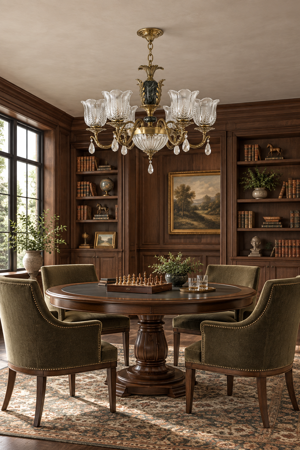 Marmavelle six-light chandelier switched off above a round games table in a walnut library