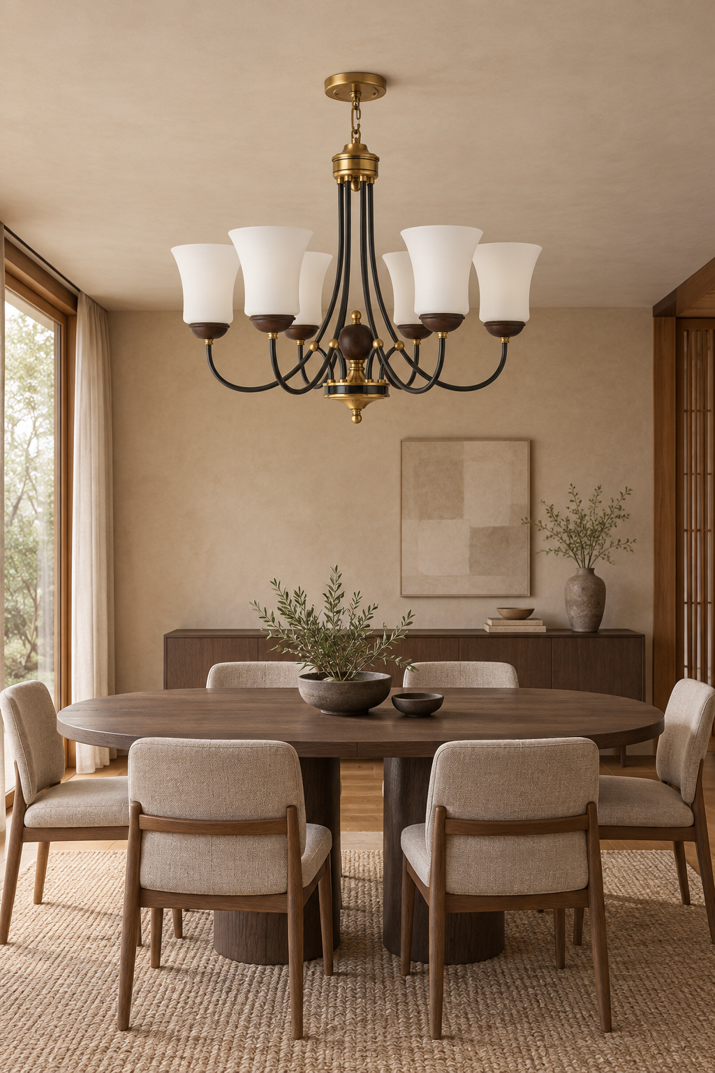 Mornvale six-light chandelier centered above an oval table in a Japanese-modern dining room, fixture off
