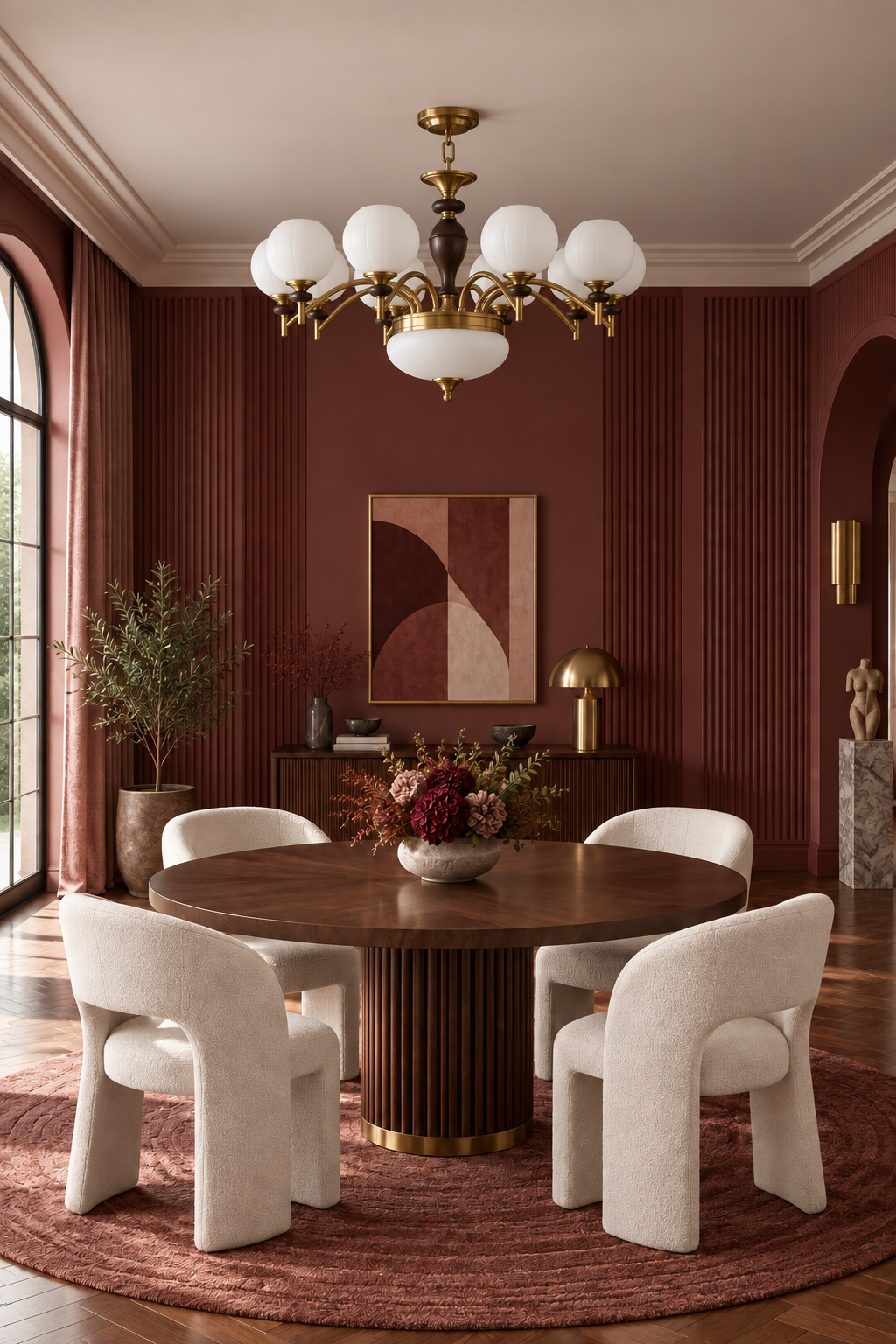 Orbemere eight-light chandelier centered over a round walnut table in a burgundy Art Deco dining room with the fixture off