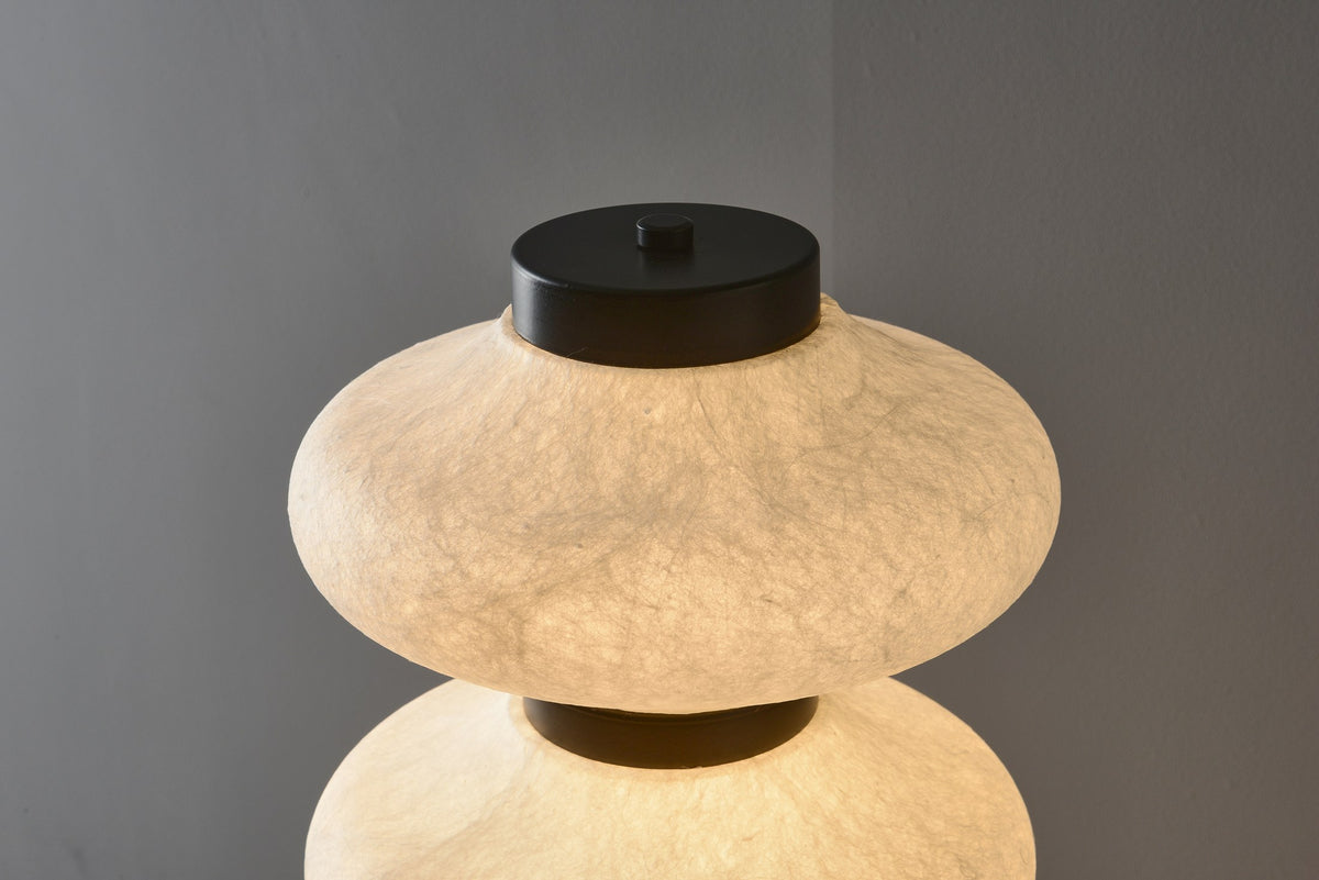 Modern Mulberry Silk Stacked Table Lamp in Matte Black and White - 05 05-product-lit-front