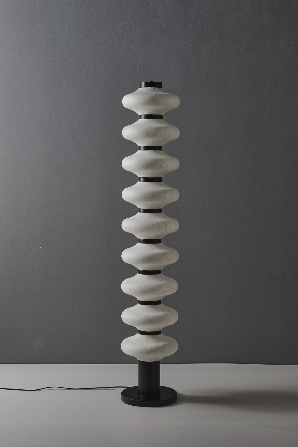 Modern Mulberry Silk Stacked Floor Lamp in Matte Black and White - 05 05-product-lit-front