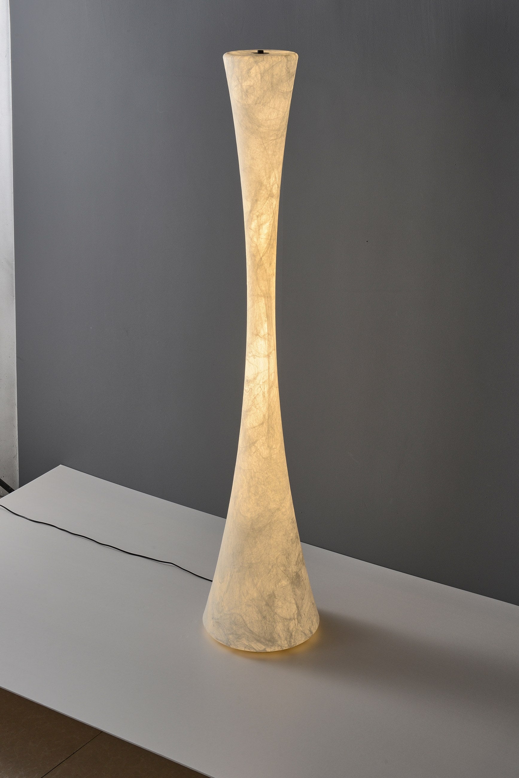 Handmade Mulberry Silk Hourglass Floor Lamp in White - 05 05-product-real-silk-hourglass-floor-lamp-lit-angle
