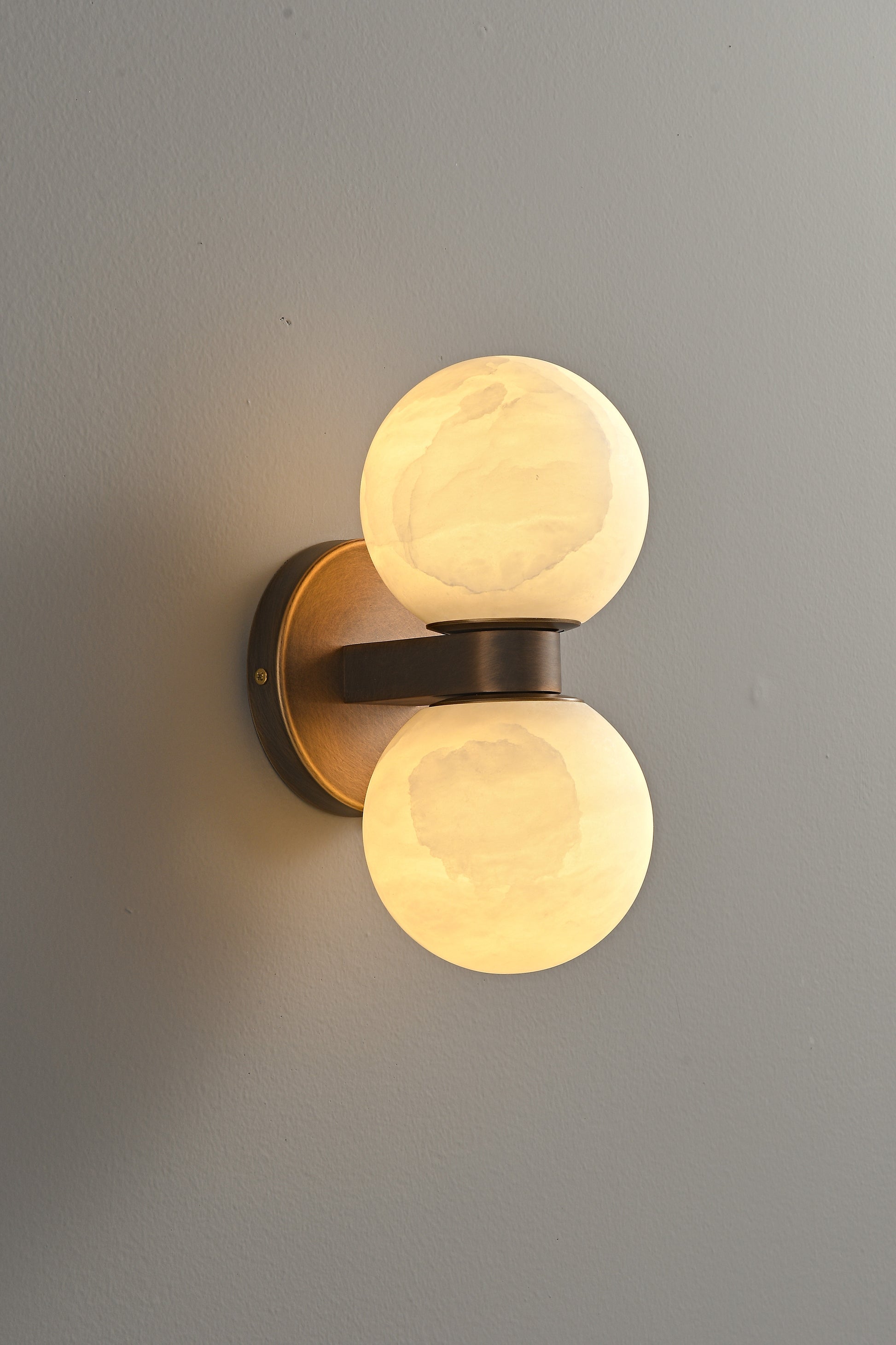 Modern Alabaster Double Globe Wall Sconce in Antique Brass - 05 05-real-glow-full