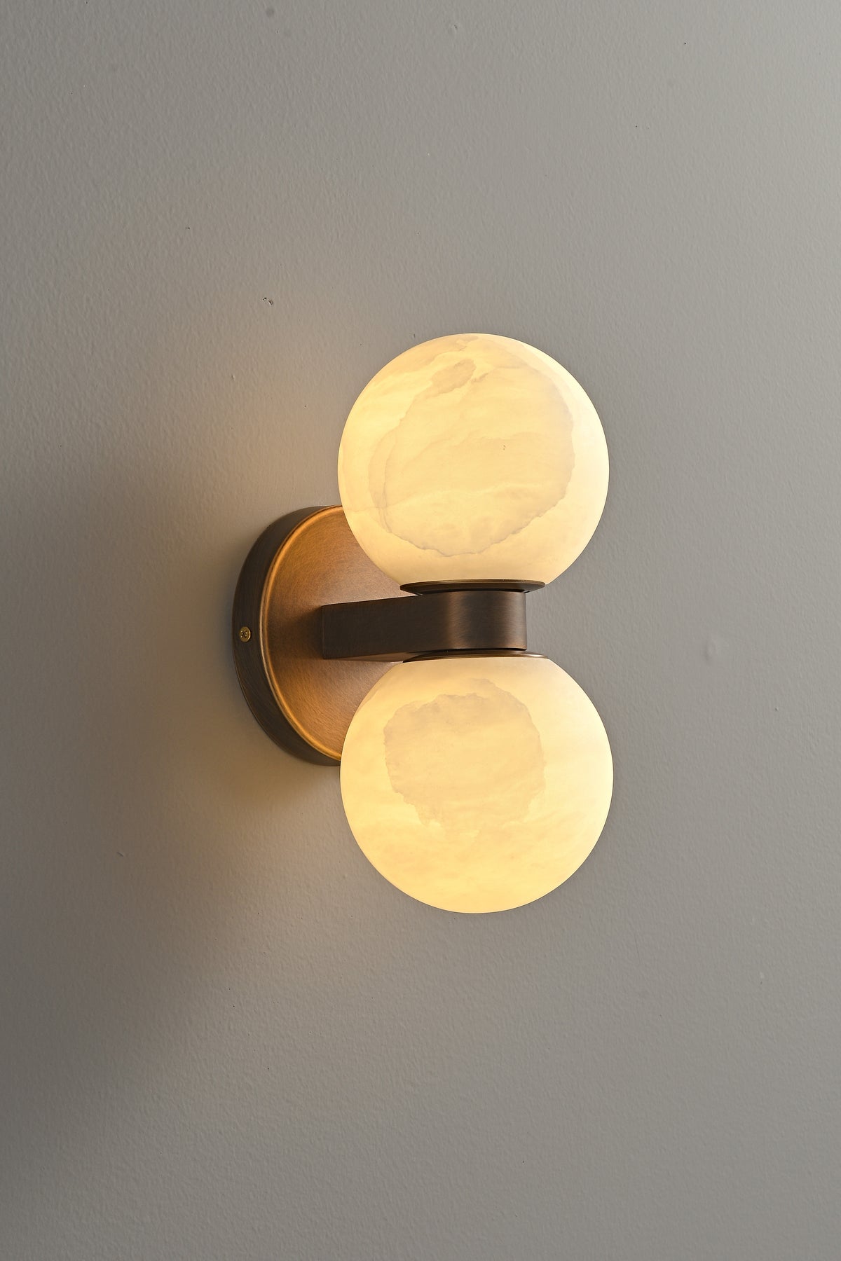 Modern Alabaster Double Globe Wall Sconce in Antique Brass - 05 05-real-glow-full