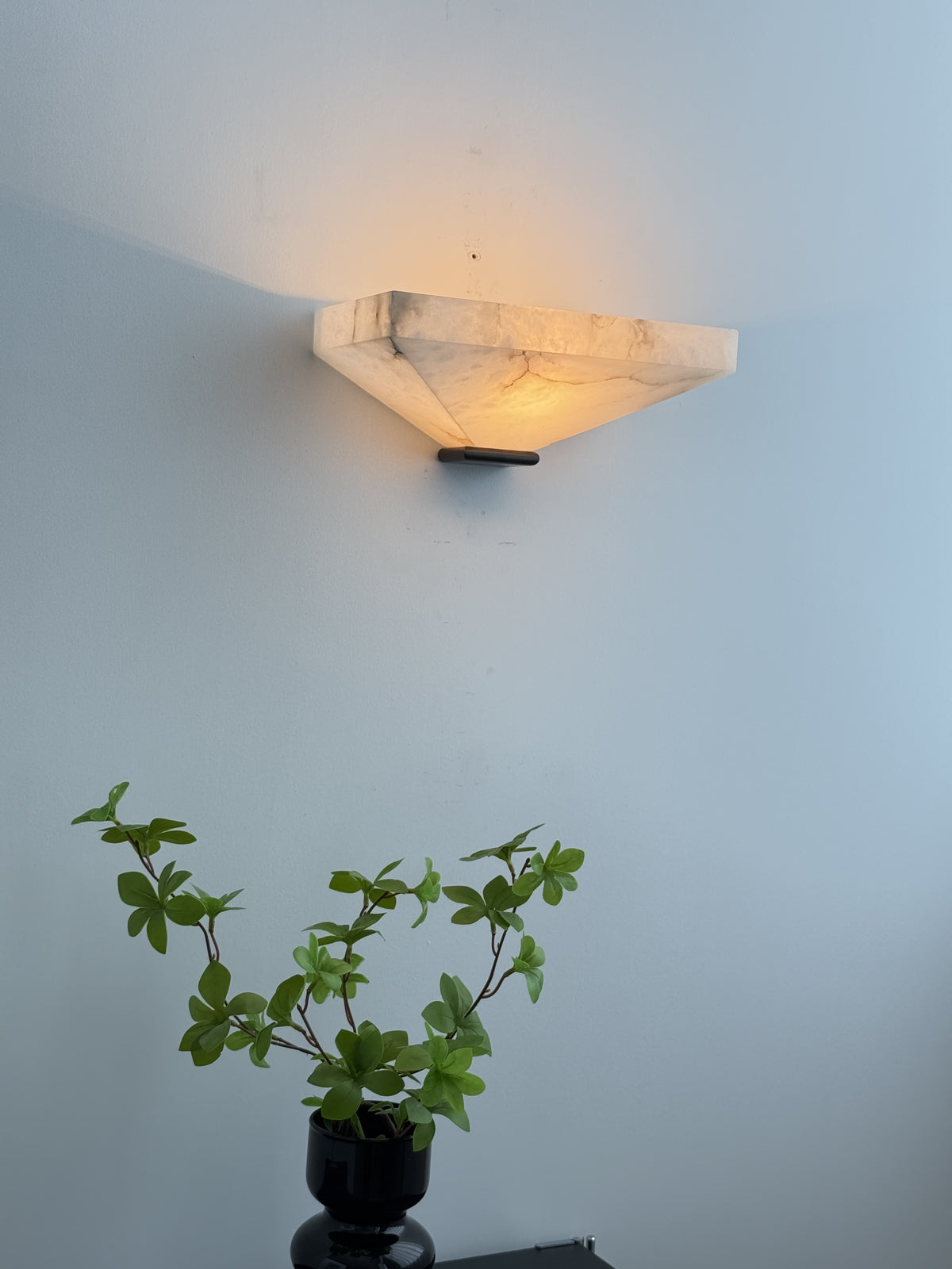 Modern Snowflake Alabaster Faceted Wall Sconce in Dark Bronze - 05 05-real-lit-with-plant