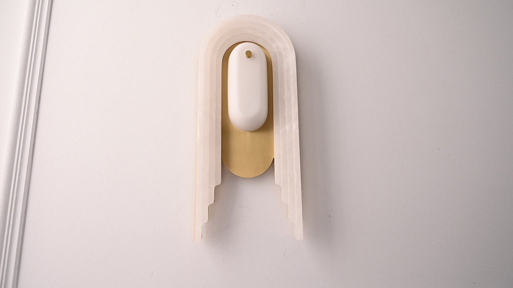 Modern Spanish Alabaster Arched Wall Sconce in Natural Brass - 05 real photo 1