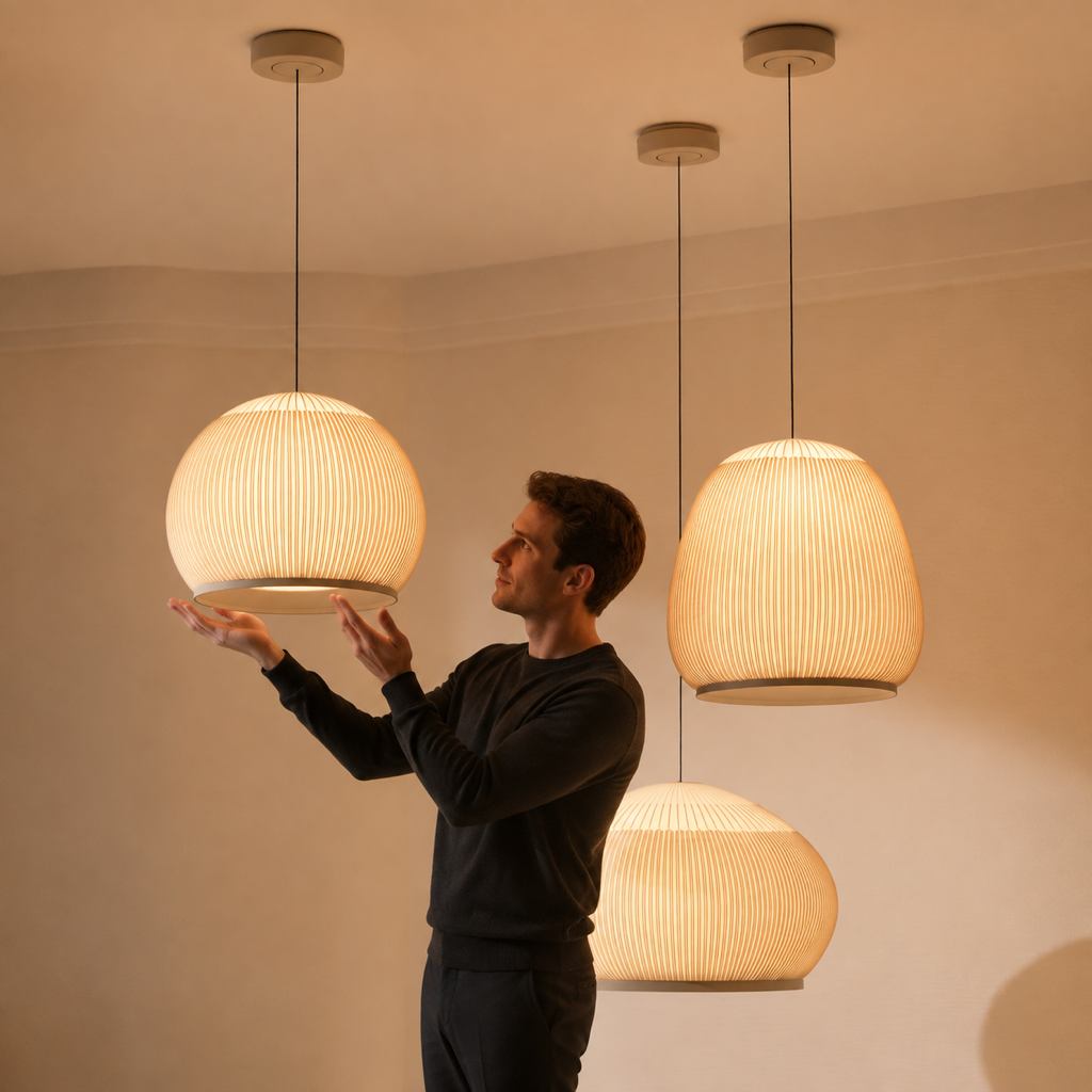 Three illuminated ribbed textile pendant silhouettes displayed with a male model in a warm modern interior