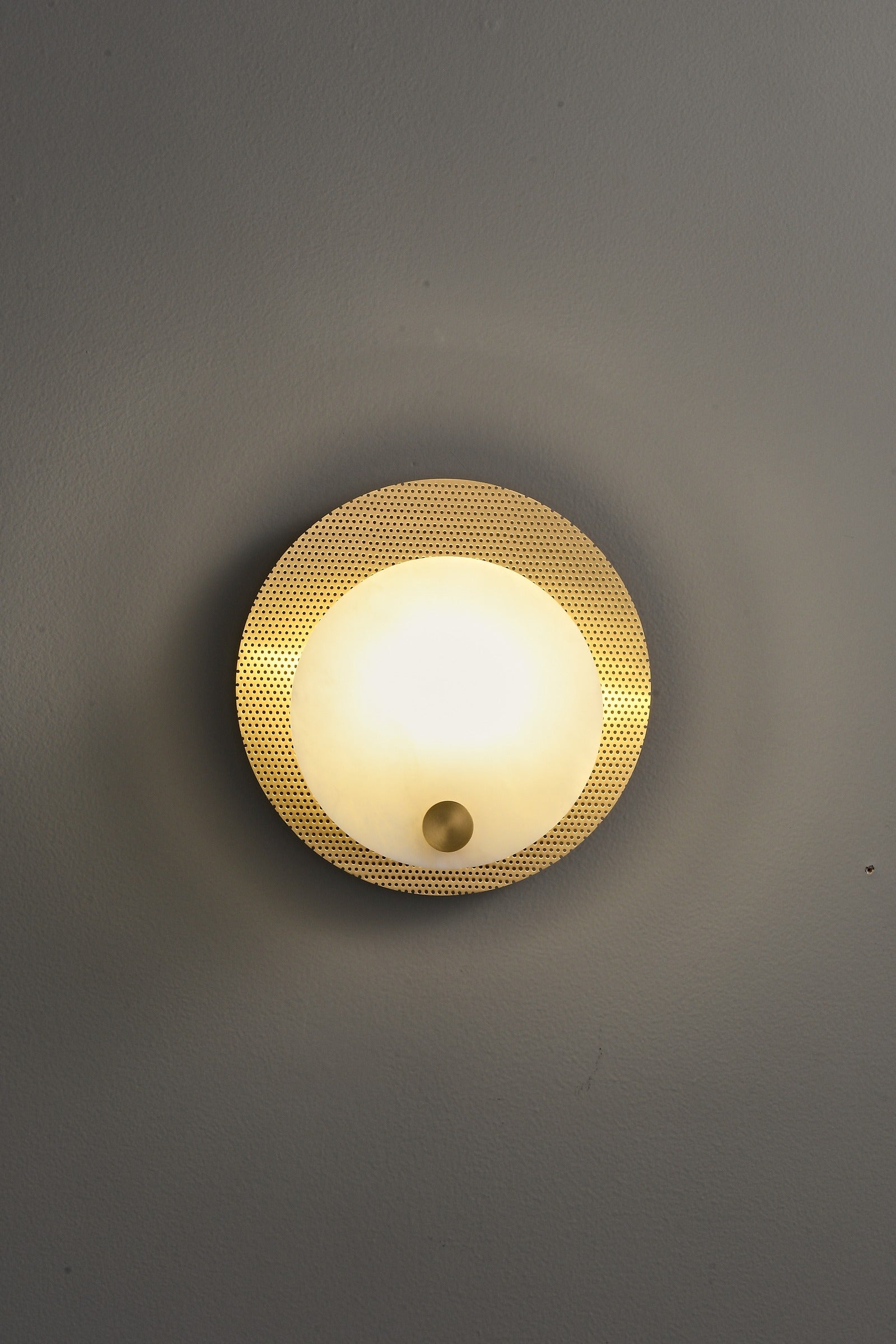 Modern Perforated Copper Alabaster Round Wall Sconce - 18 05-real-round-wall-sconce-front-lit