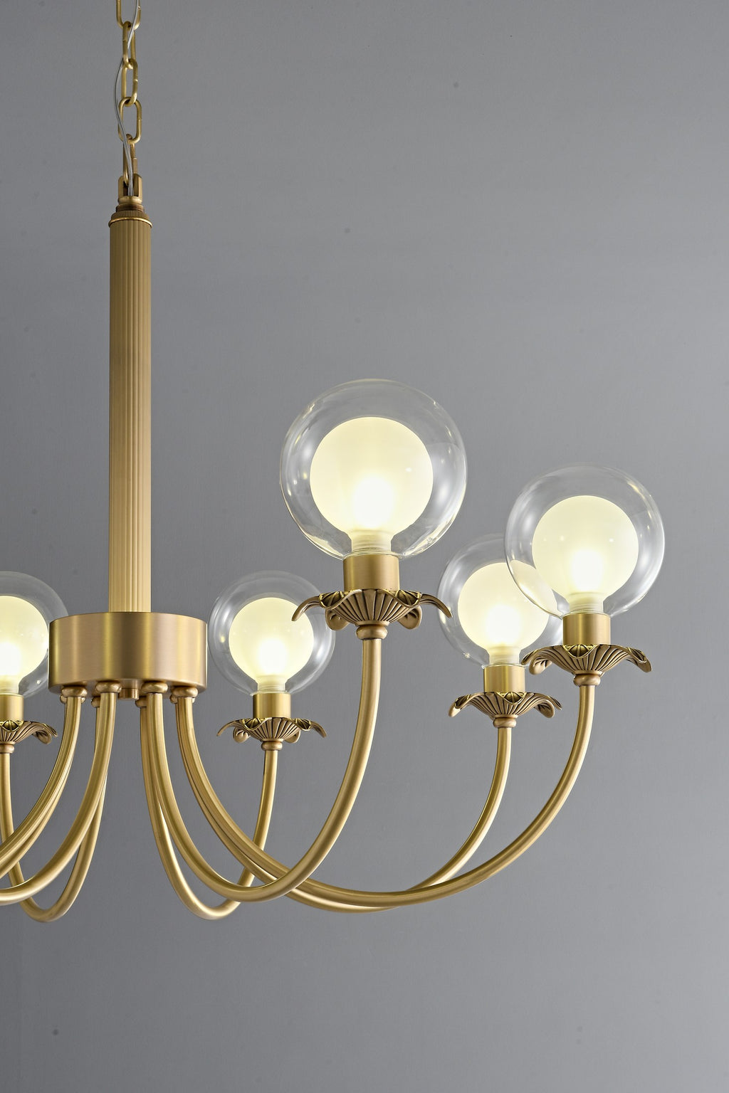 Modern Brass Glass Globe Chandelier - 05 05-real-shot-brass-glass-globe-chandelier-lit