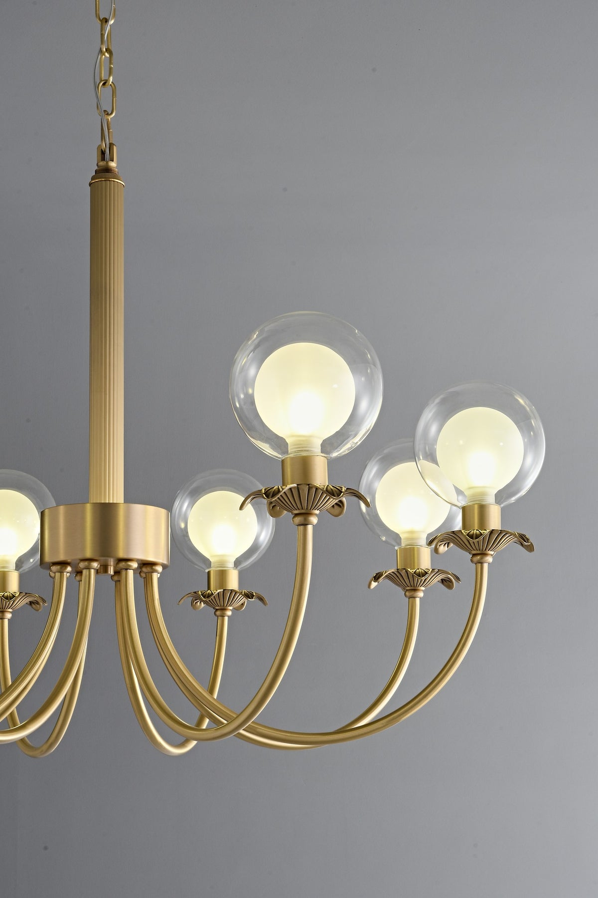 Modern Brass Glass Globe Chandelier - 05 05-real-shot-brass-glass-globe-chandelier-lit