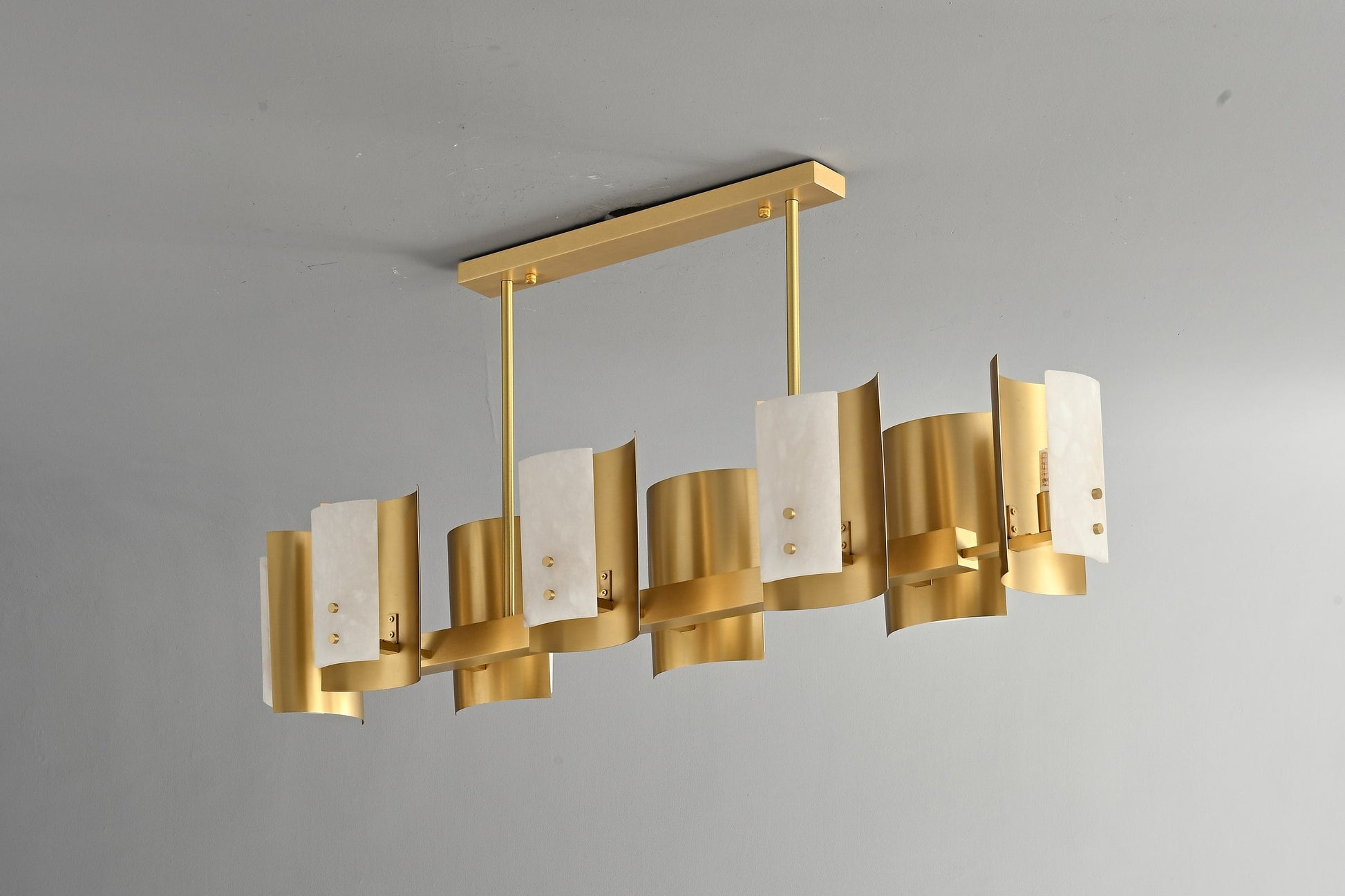 Modern Brushed Brass Alabaster Linear Chandelier - 05 05-real-shot-brushed-brass--alabaster-linear-chandelier-side