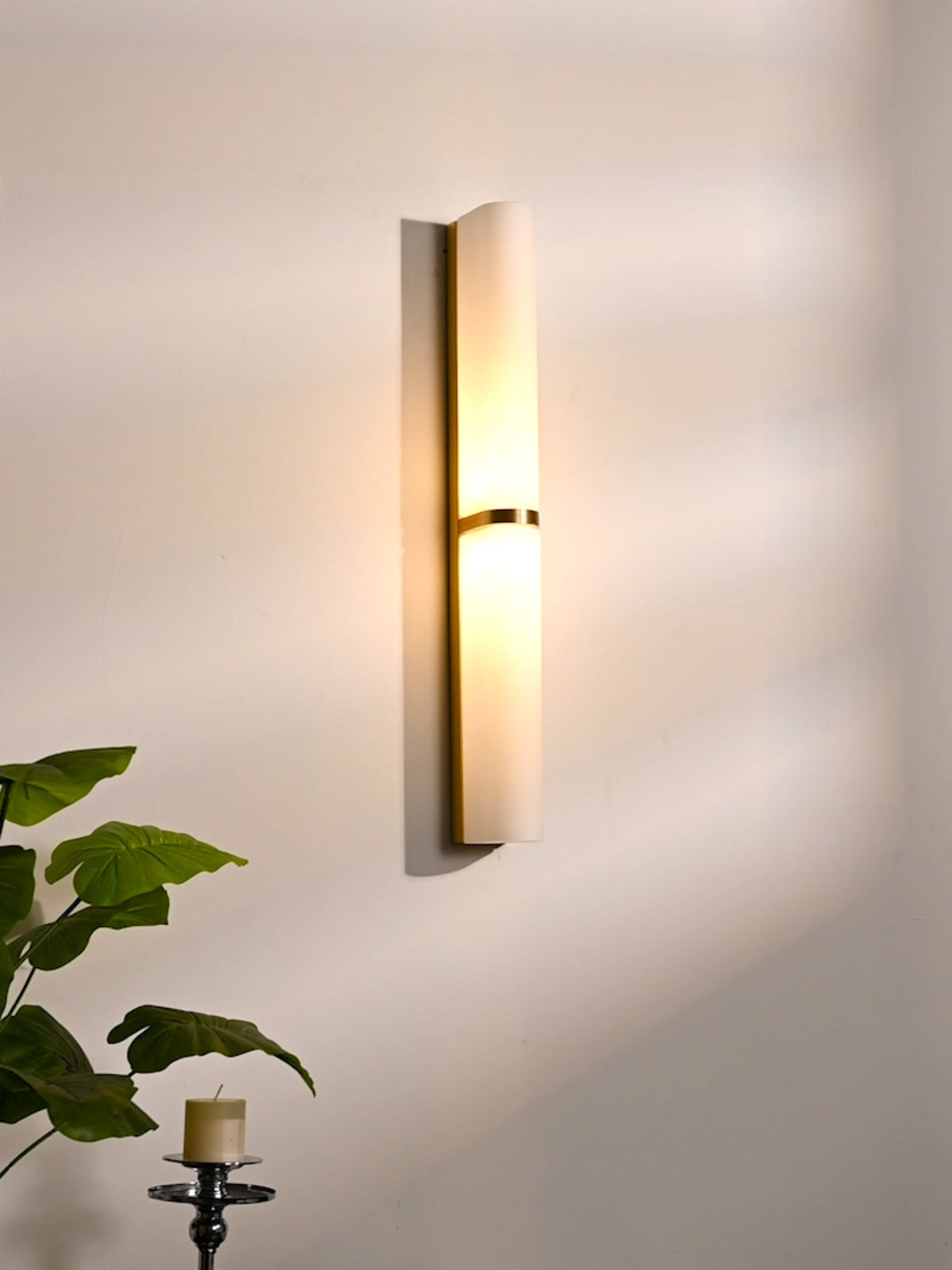 Modern Brushed Brass Milky Glass Wall Sconce - 05 05-real-shot-brushed-brass-milky-white-wall-sconce-lit