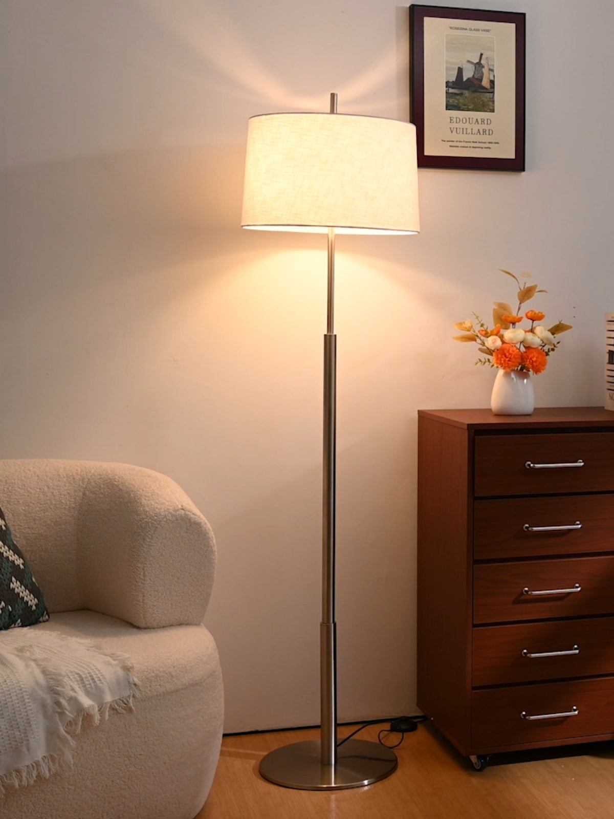 Modern Satin Nickel Off-White Fabric Lamp - 05 05-real-shot-satin-nickel-off-white-lamp-lit