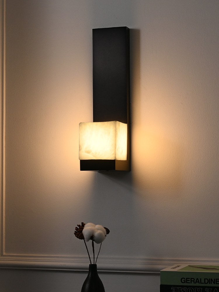 Modern Snowflake Alabaster Wall Sconce in Brushed Black - 05 05-real-shot-wall-sconce-room-view