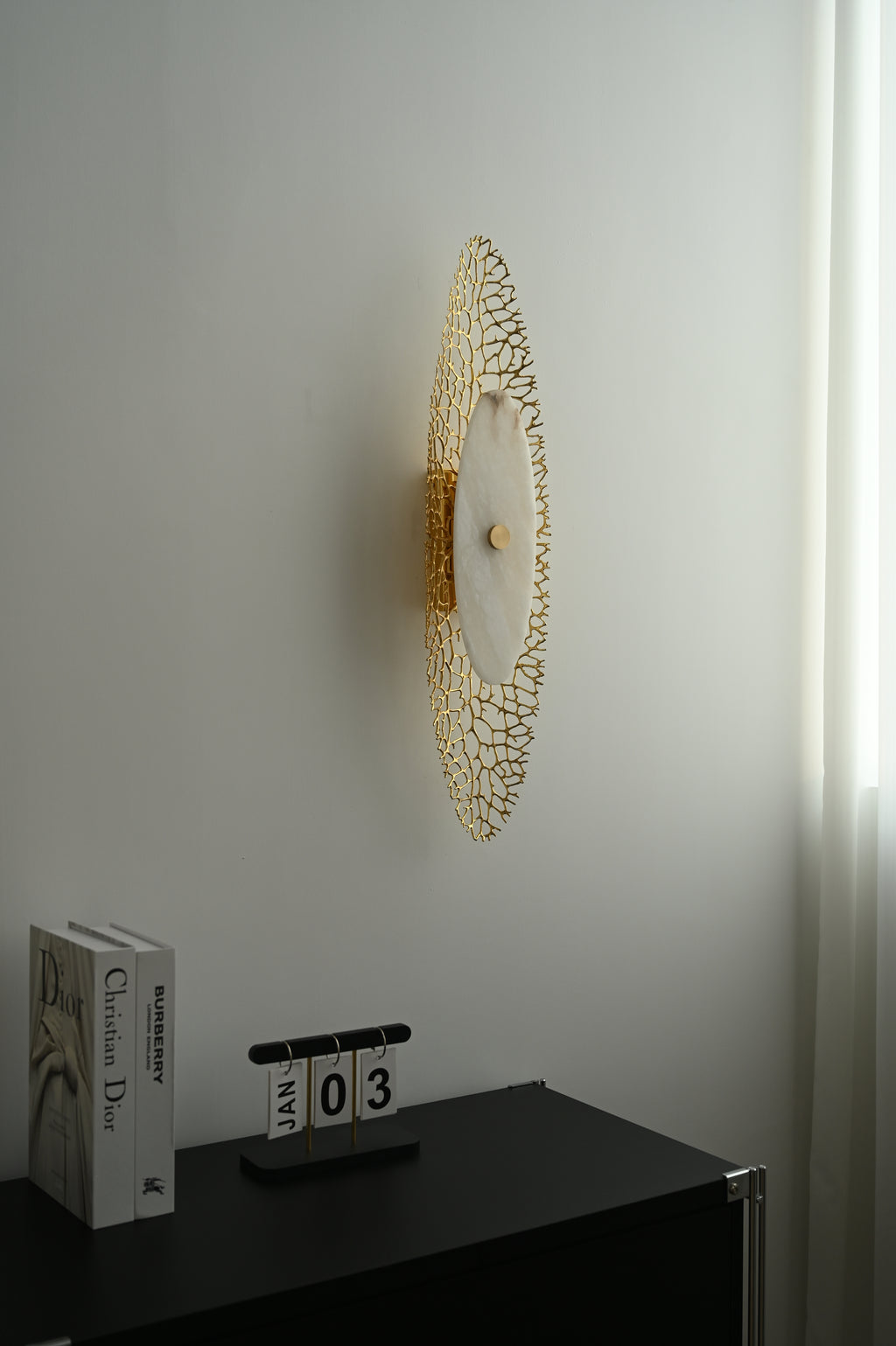 Modern Alabaster Coral Wall Sconce in Natural Brass - 05 05-real-side-with-console