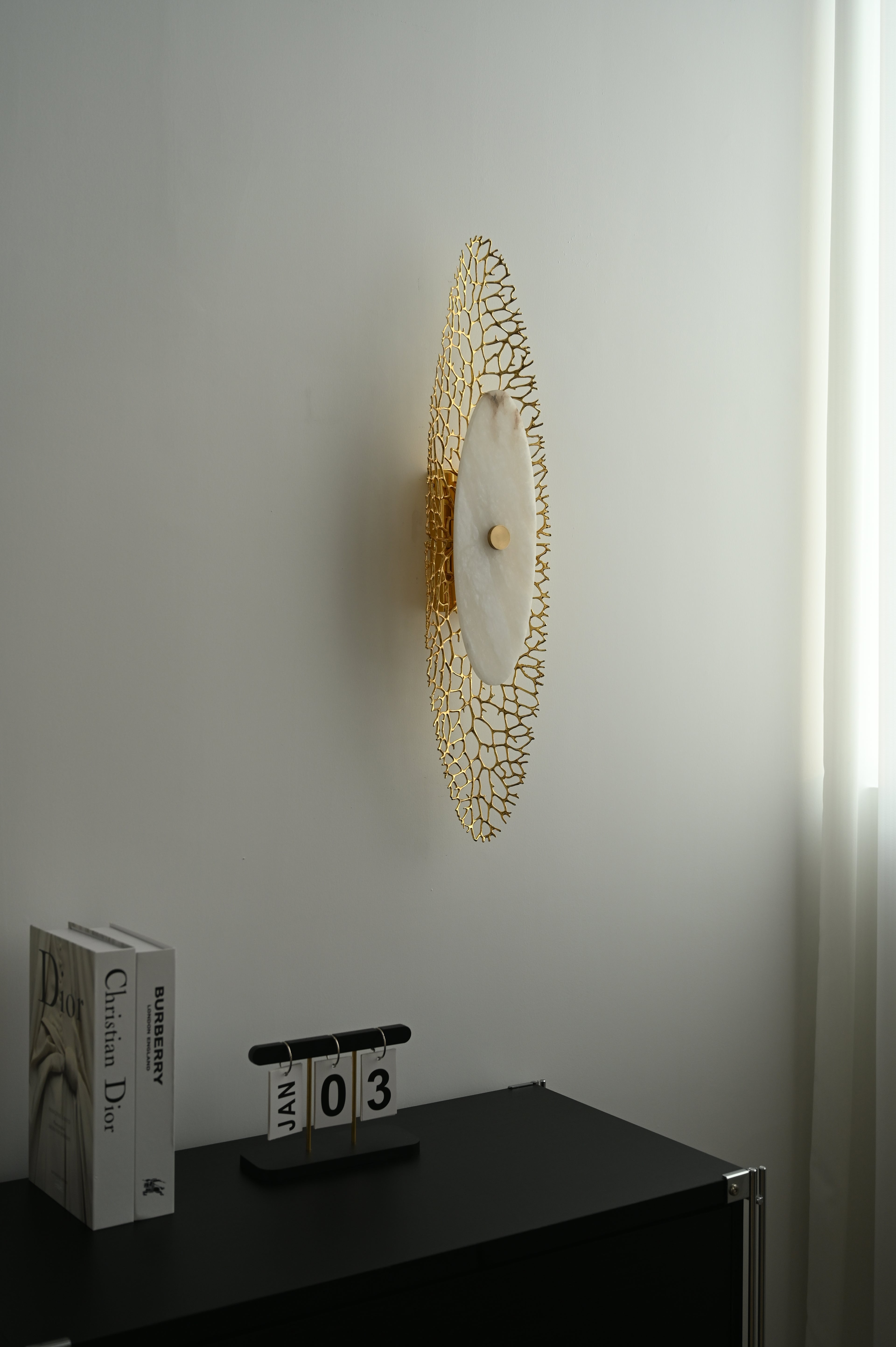 Modern Alabaster Coral Wall Sconce in Natural Brass - 05 05-real-side-with-console