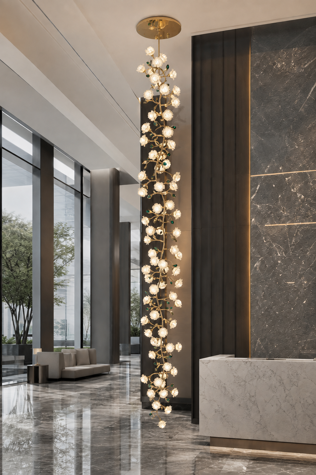 Sylverelle long chandelier – reception lounge with flat round canopy