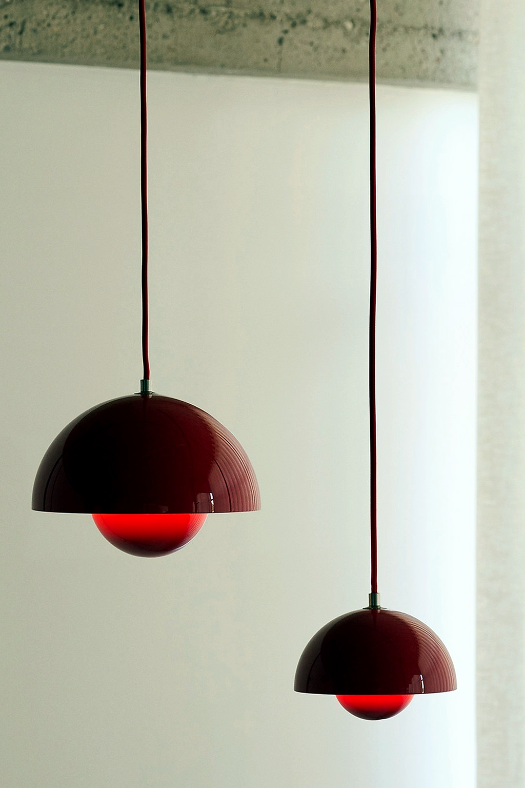 Red Flowerpot Dome Pendant Light pair in a dining interior