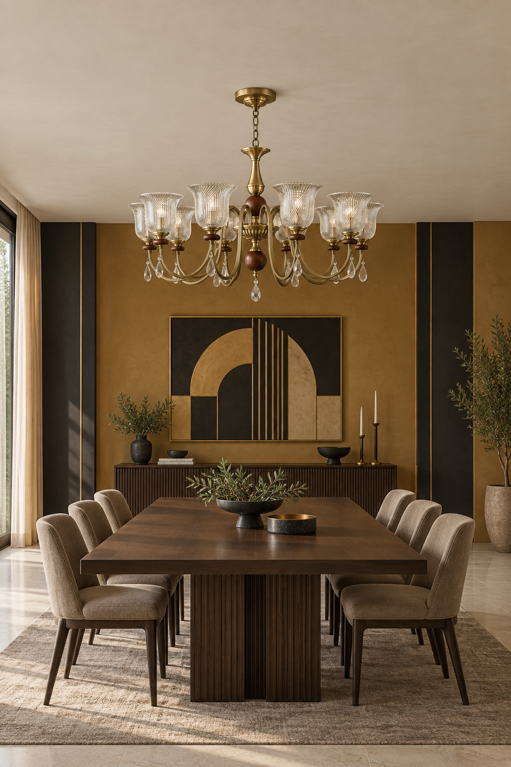 Rillavine ten-light chandelier centered above a long walnut table in an ochre Art Deco dining room, fixture off