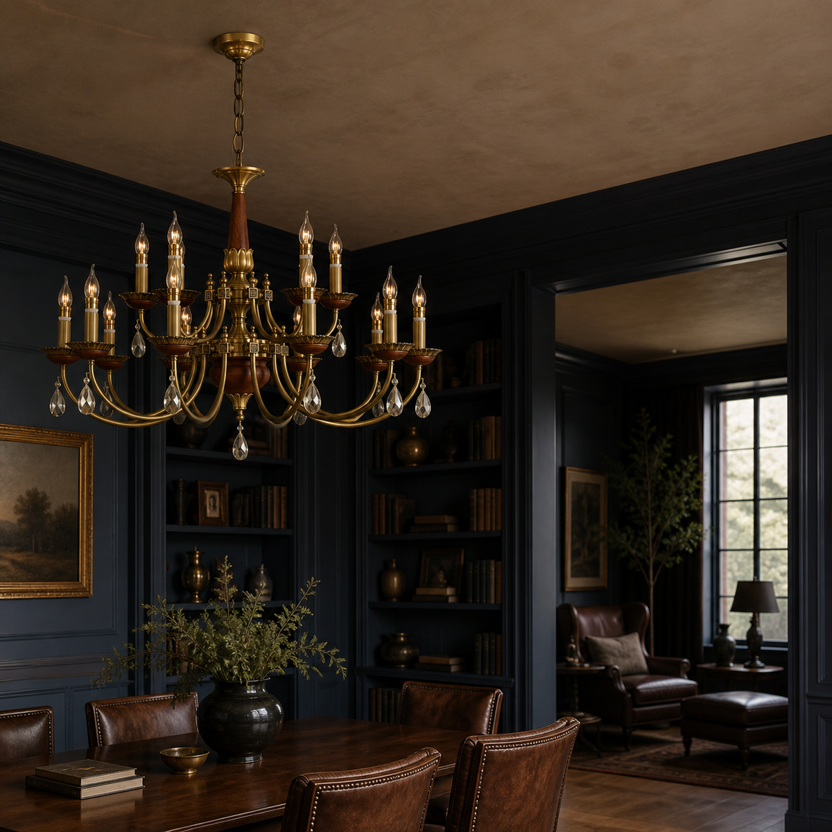 Fifteen-light ten plus five two-tier candle-style wood and crystal chandelier on the left in a smoky-indigo library