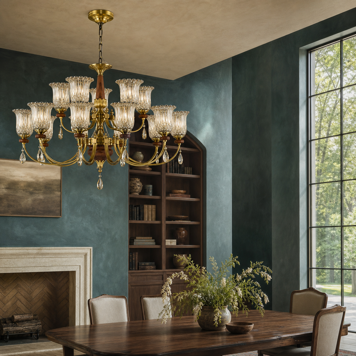 Fifteen-light ten plus five two-tier ribbed tulip glass chandelier in a teal library