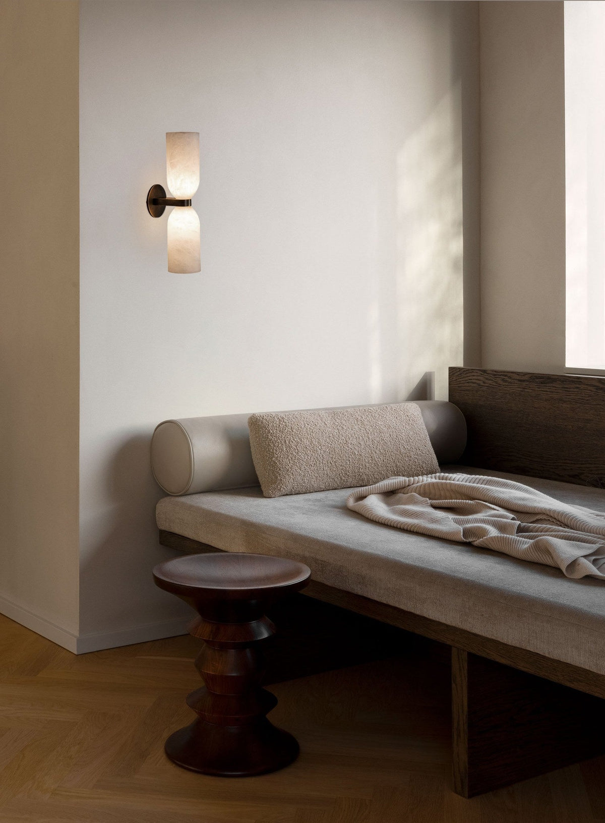 Modern Alabaster Cylinder Wall Sconce in Antique Brass - 05 05-scene--alabaster-cylinder-wall-sconce-entry