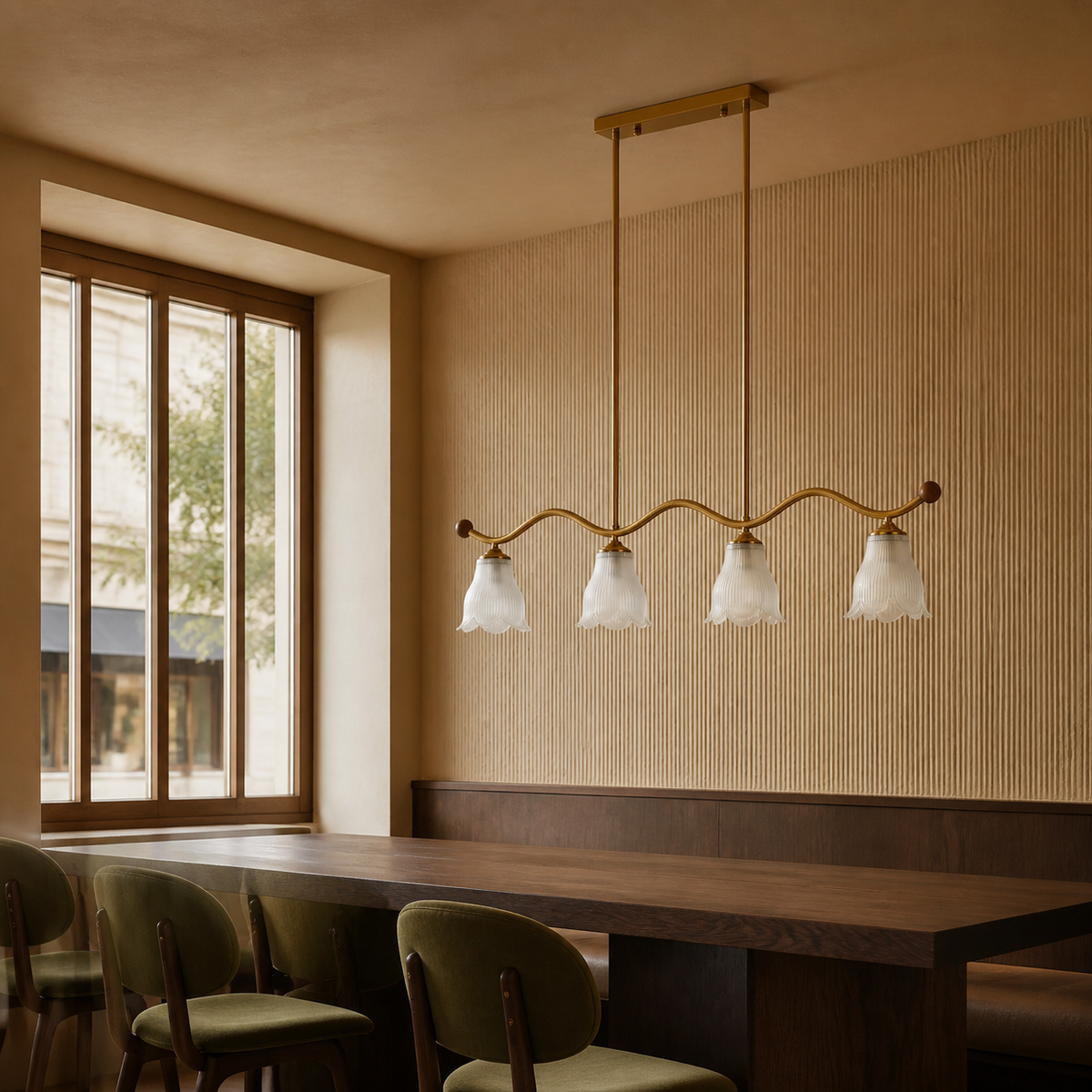 Four-light wave-bar linear chandelier on the right in a warm amber cafe