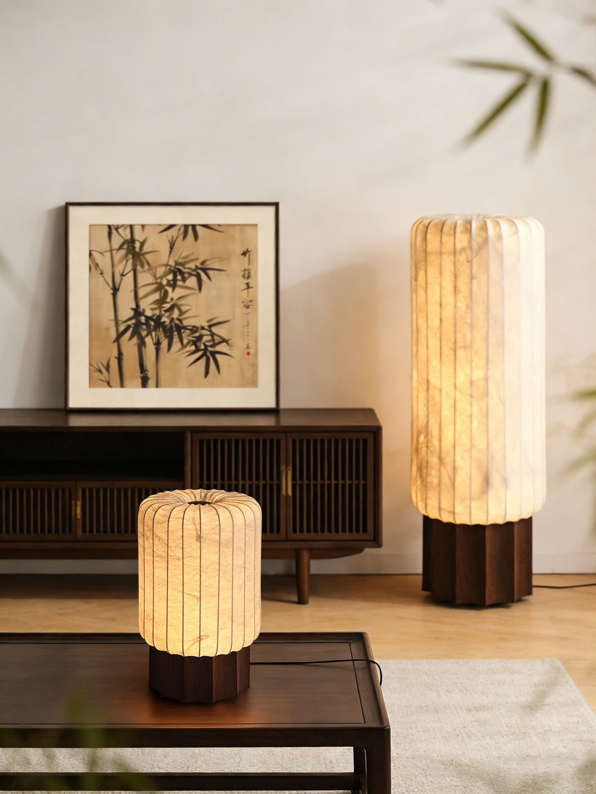 Modern Mulberry Silk Cylinder Table and Floor Lamp with Walnut Wood-Grain Base - 05 05-scene-floor-lamp-corner